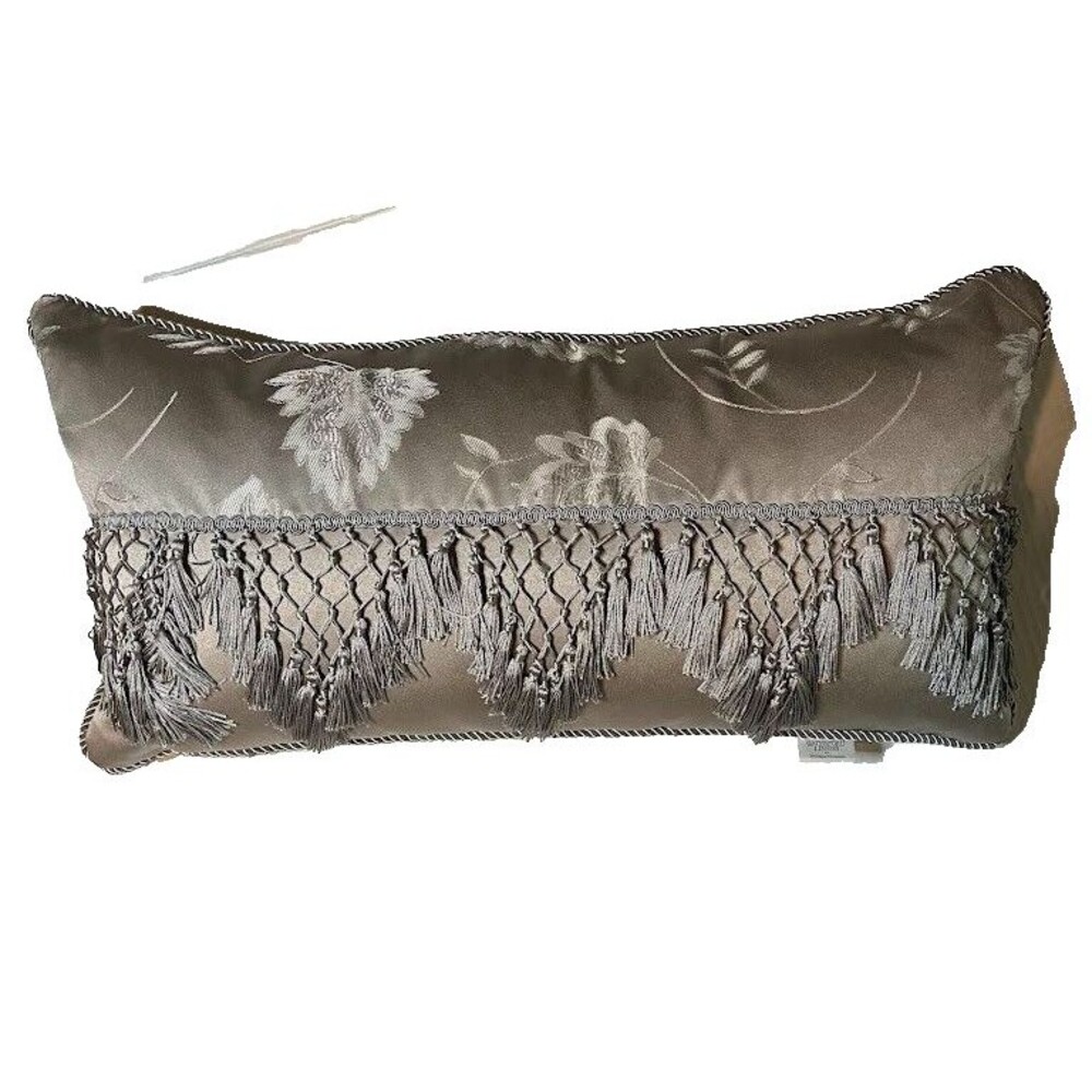 Waterford Linen Pillow Gray Floral Fringe Trim French Country Boho Accent Decor*